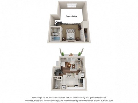 Floor plan for 1 bed, 1.5 baths, 673 sqft